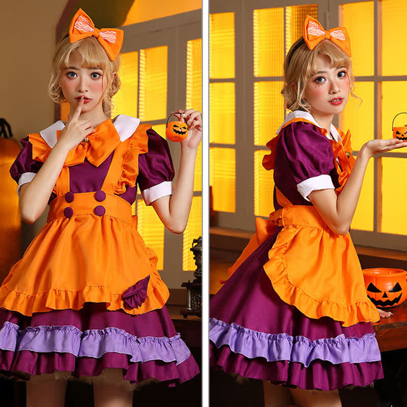 Cute Orange Bow Decor Puff Sleeve Maid Dress