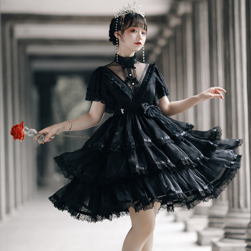 Elegant High Collar Lace Bow Knot Lolita Dress