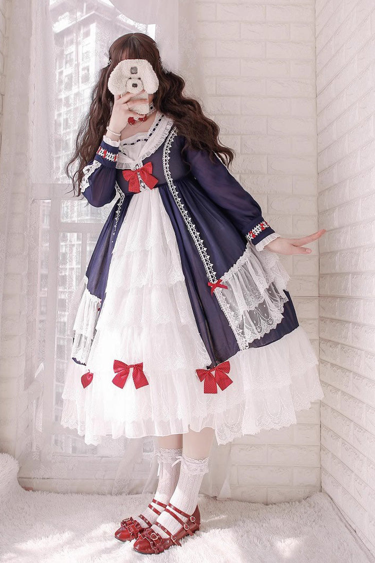 White-Blue Sweet Princess Lolita Long Sleeve Multi-Layer Ruffle Cardigan Dress