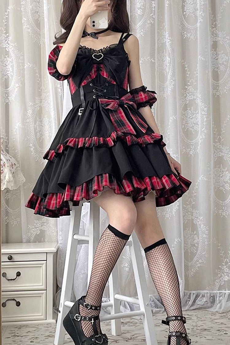 Black Red Plaid Print Color Contrast Leather Buckle Bowknot Ruffle JSK