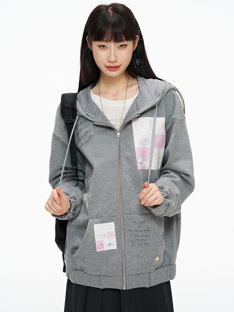 Grey Cartoon Print Zip Hoodie