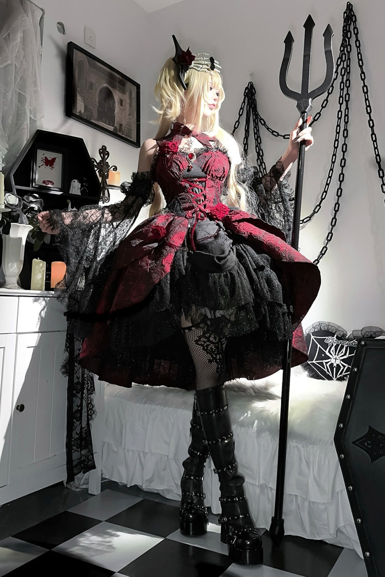 Crimson Rose Dish Ruffled Cardigan Bow Lace-Up Gothic Lolita Jumper Dress
