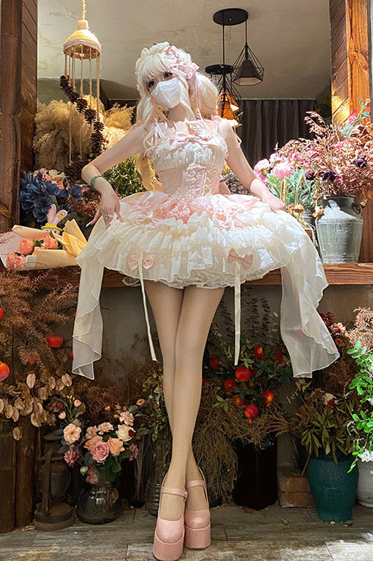 Pink Ballet Lolita JSK Dress with Multi-Layer Ruffles and Bow