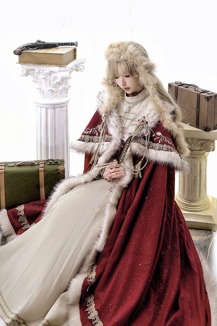 Crimson Royal Coronation Embroidered Luxurious European Court Lolita Dress with Cape Set