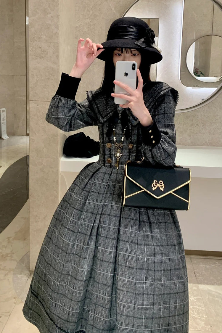 Ash Plaid Bowknot Elegant Sweet Lolita Gown with Long Sleeves