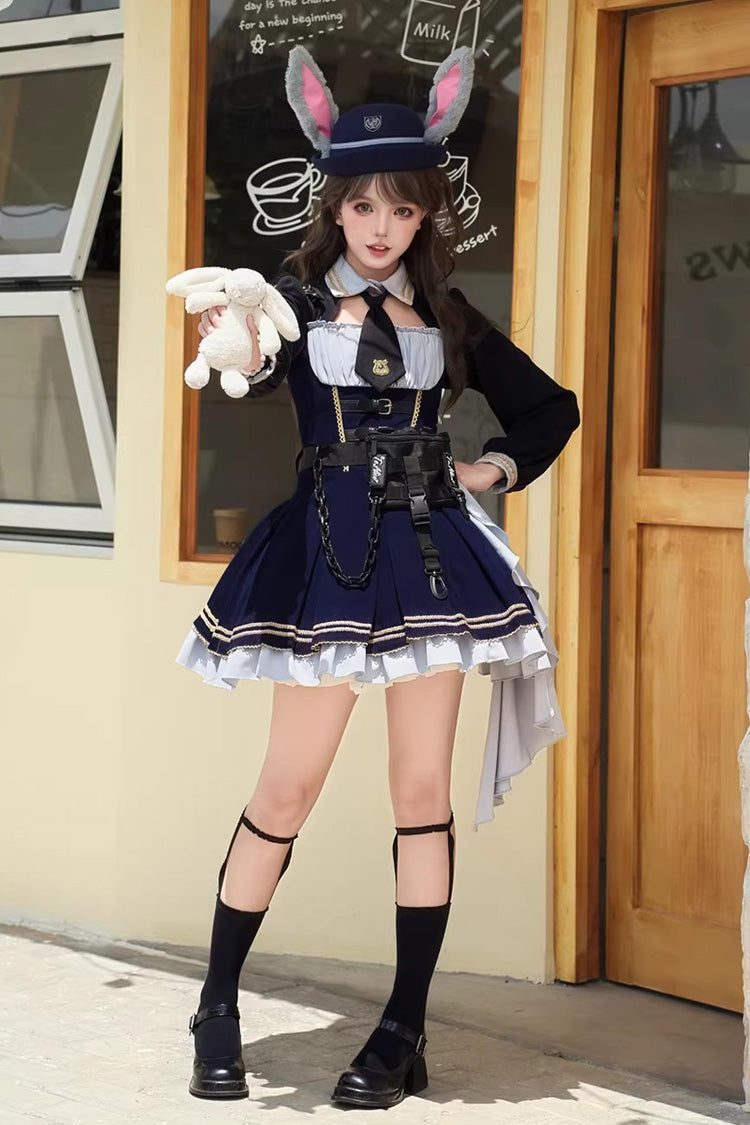 Blue Rabbit Police Officer Ruffled Bow Asymmetric College Style Handsome Jsk Dress