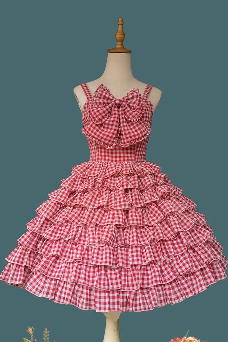 Plaid Print Ruffled Bow Sweet Tiered Dress - 3 Variants