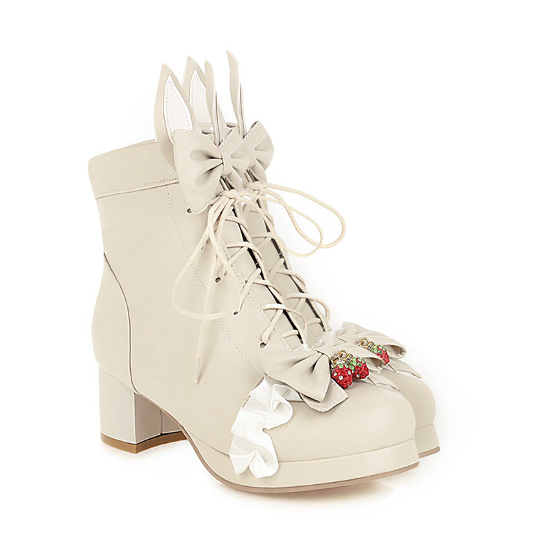 Sweet Strawberry Bow Lolita Lace Up Boots