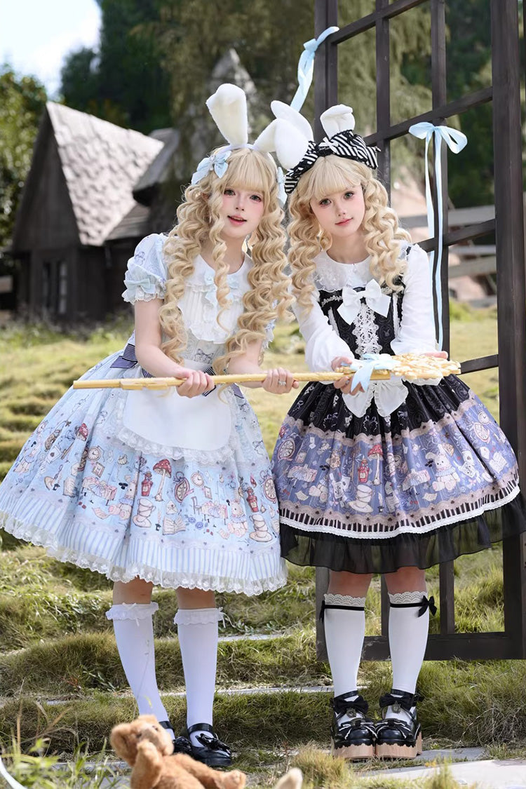 Light Blue Alice’s Fantasy Tale Doll Collar Short Sleeves Printed Bow Sweet Dress