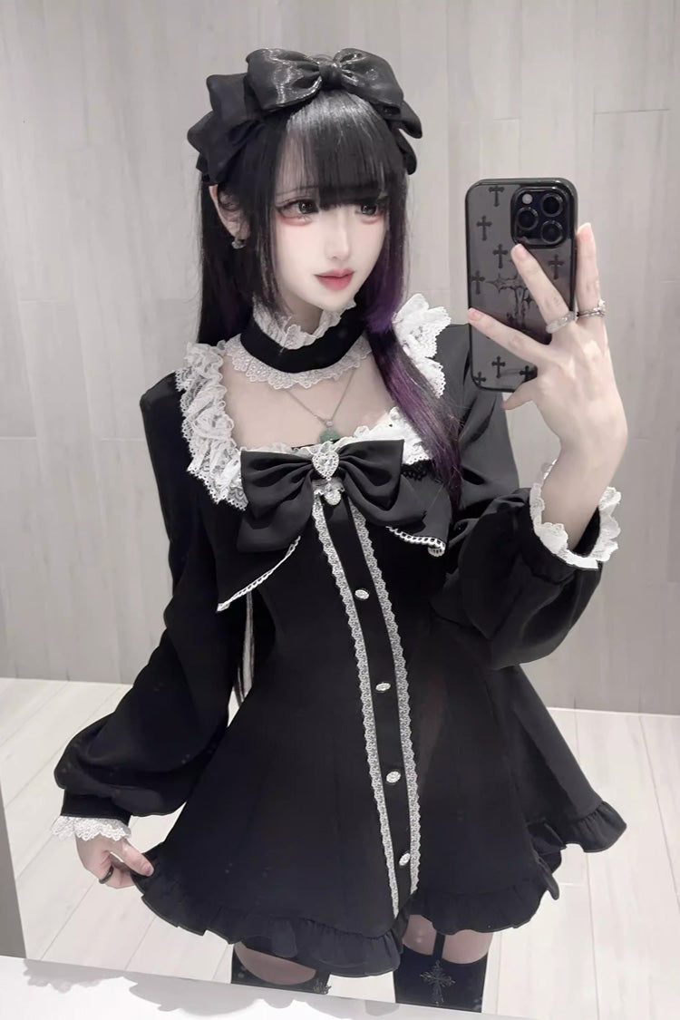Noir Long Sleeve Ruffled Bow Lace Jirai Kei Dress Shorts Set - Twilight Prelude