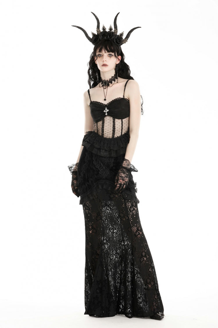 Obsidian Double-Layered Lace Ruffle Top with Spaghetti Straps - Gothic Sheer
