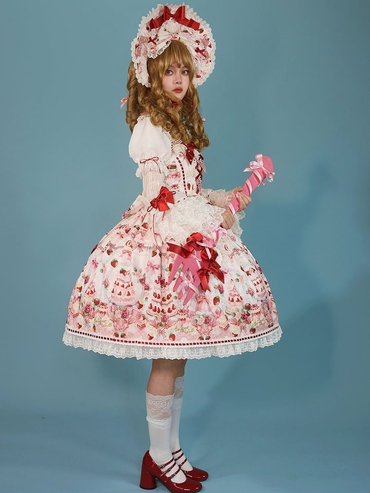 JSK Print Strawberry Sweet Accents and / Lolita White Set Bow Desserts Full
