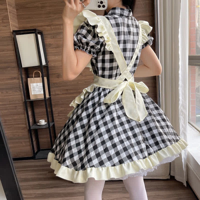 Sweet Bow Knot Ruffled Plaid Maid Dress