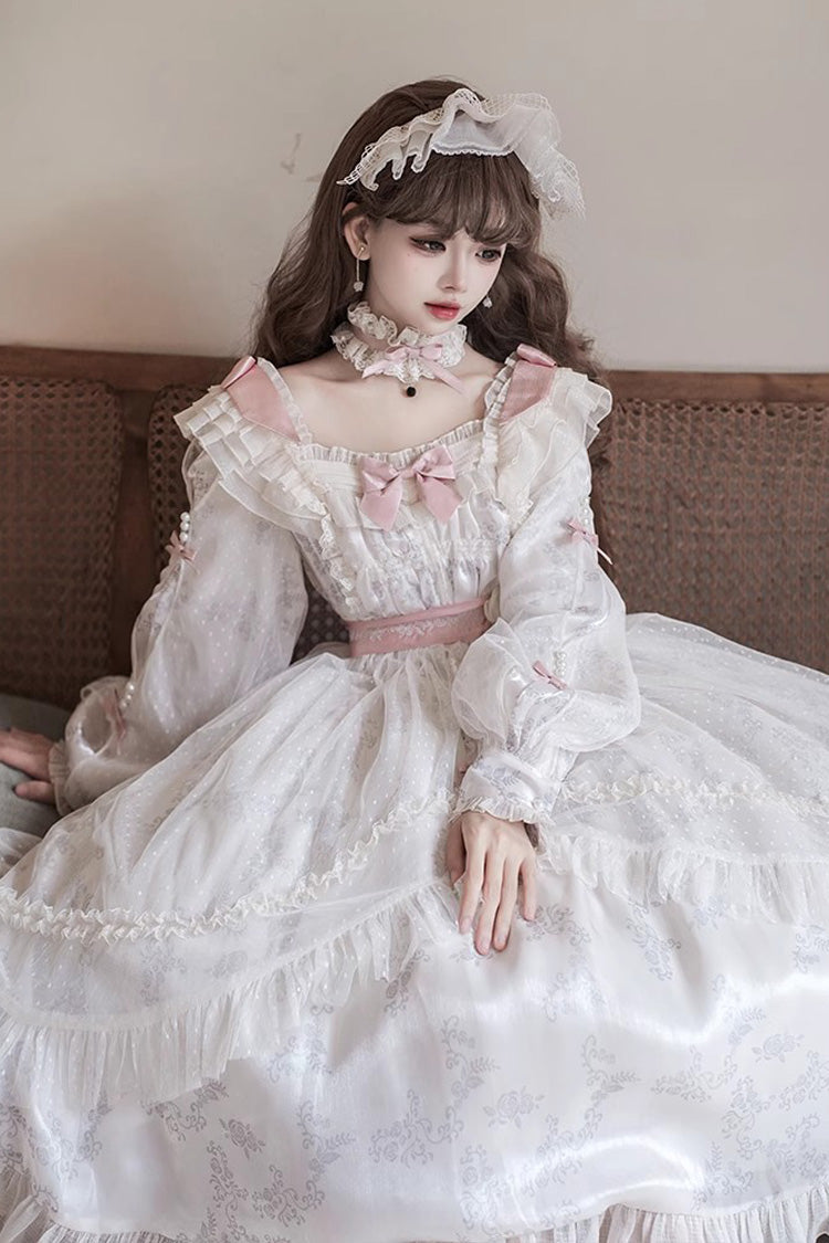 Ivory Rose Print Dress with Bowknot - Princess Lolita
