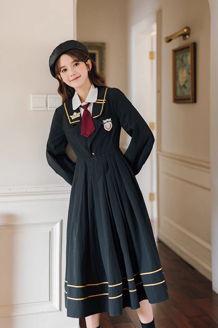Black Embroidery Dress with Long Sleeves - College Style
