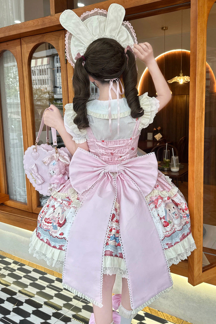 Pink [Cute Rabbit Party] Sleeveless Double-Layered Printed Ruffled Bow Sweet Lolita Jsk Dress