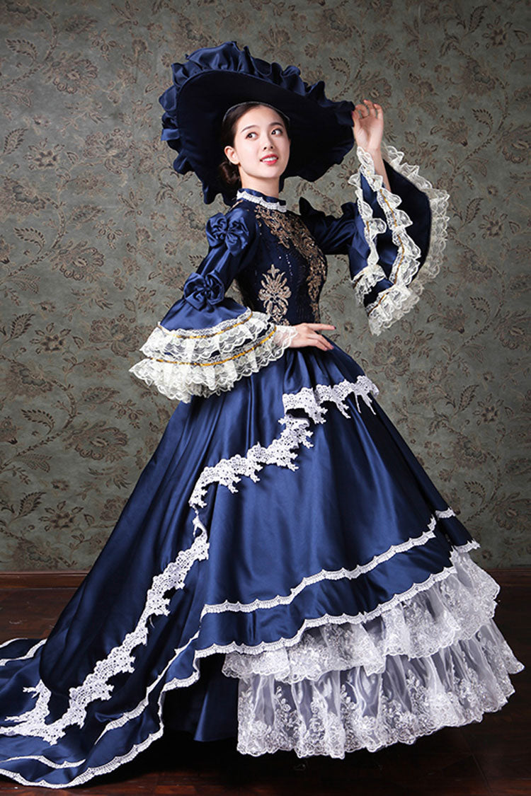 Victorian Prom Gown with Flared Sleeves, Lace, and Embroidery