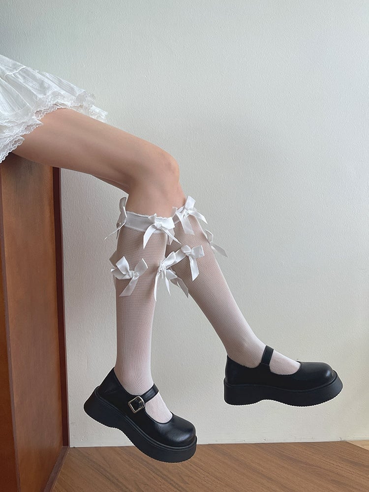 Stockings Underknee Details Bowknot Semi-sheer White/Black