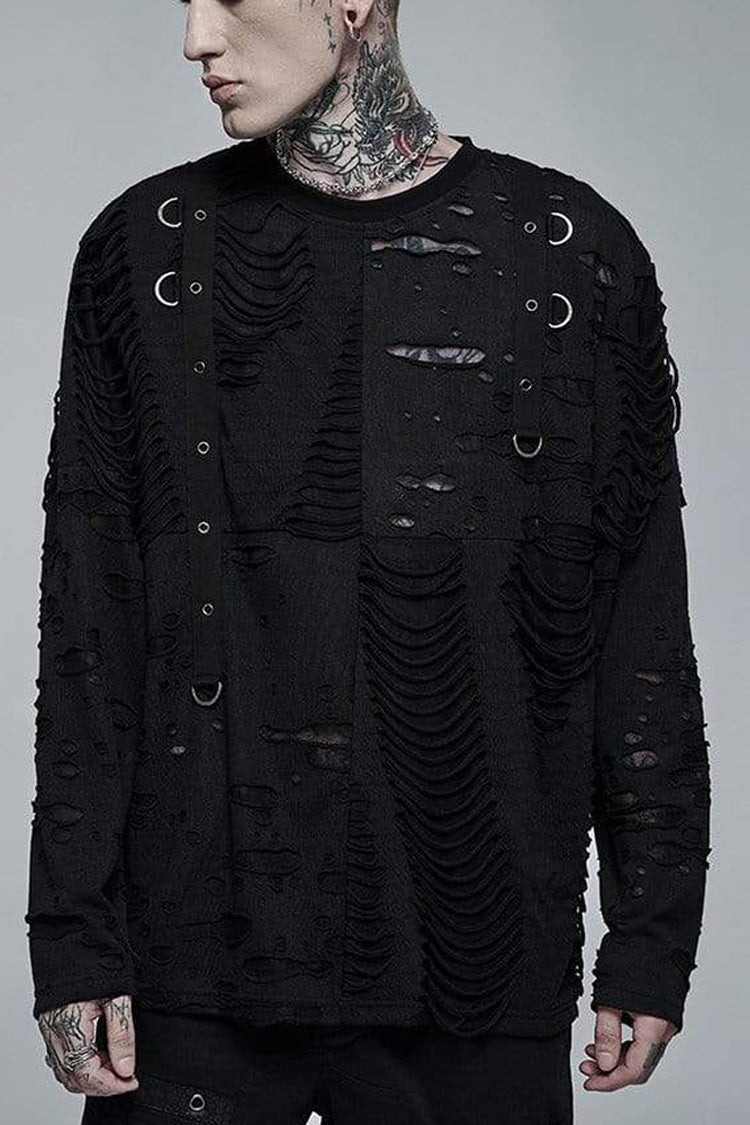 Gothic Distressed Knit Metal Buckle Removable Strap Long-Sleeve Tee