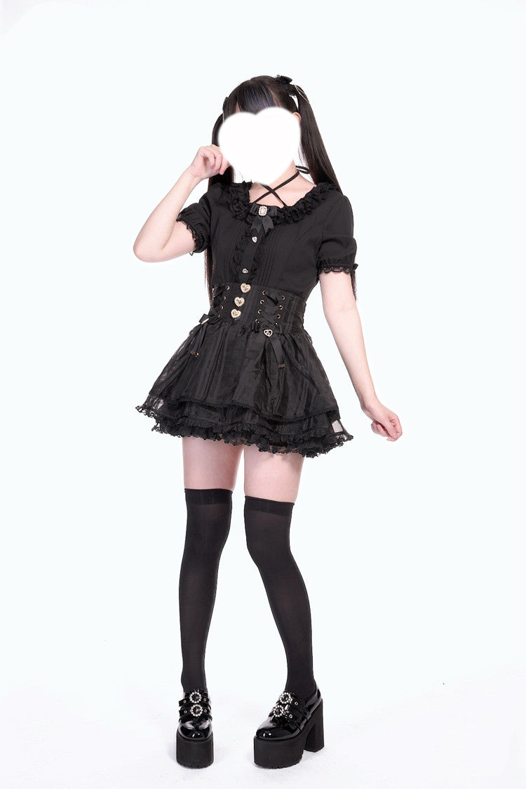Triple-Layered Bow Lace-Up Organza Sweet Jirai Kei Skirt