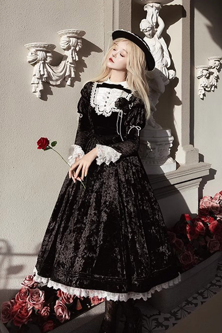 Noir Long Sleeve Ruffle Bow Lace Gothic Dress - Whispering Castle