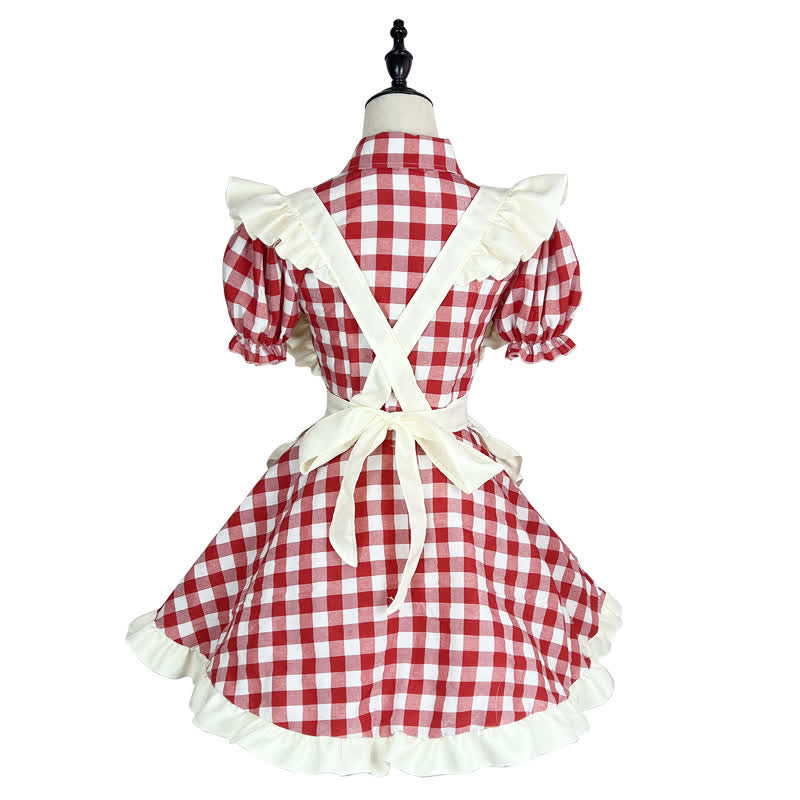 Sweet Bow Knot Ruffled Plaid Maid Dress