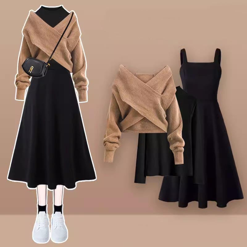 Elegant Cross Knit Sweater Turtleneck Shirt Slip Dress