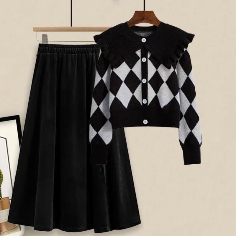 Rhombus Print Sweater Slip Dress Skirt Pants Set