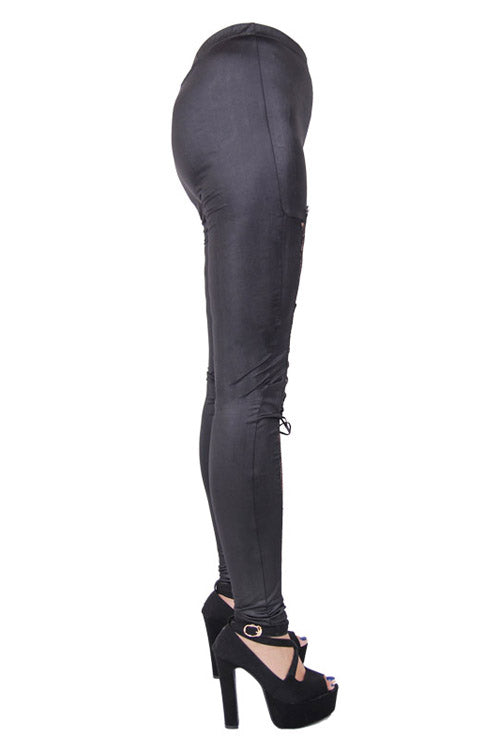 Women's Gothic Knit Pants in Black with Mesh Splice & Lace-Up Front