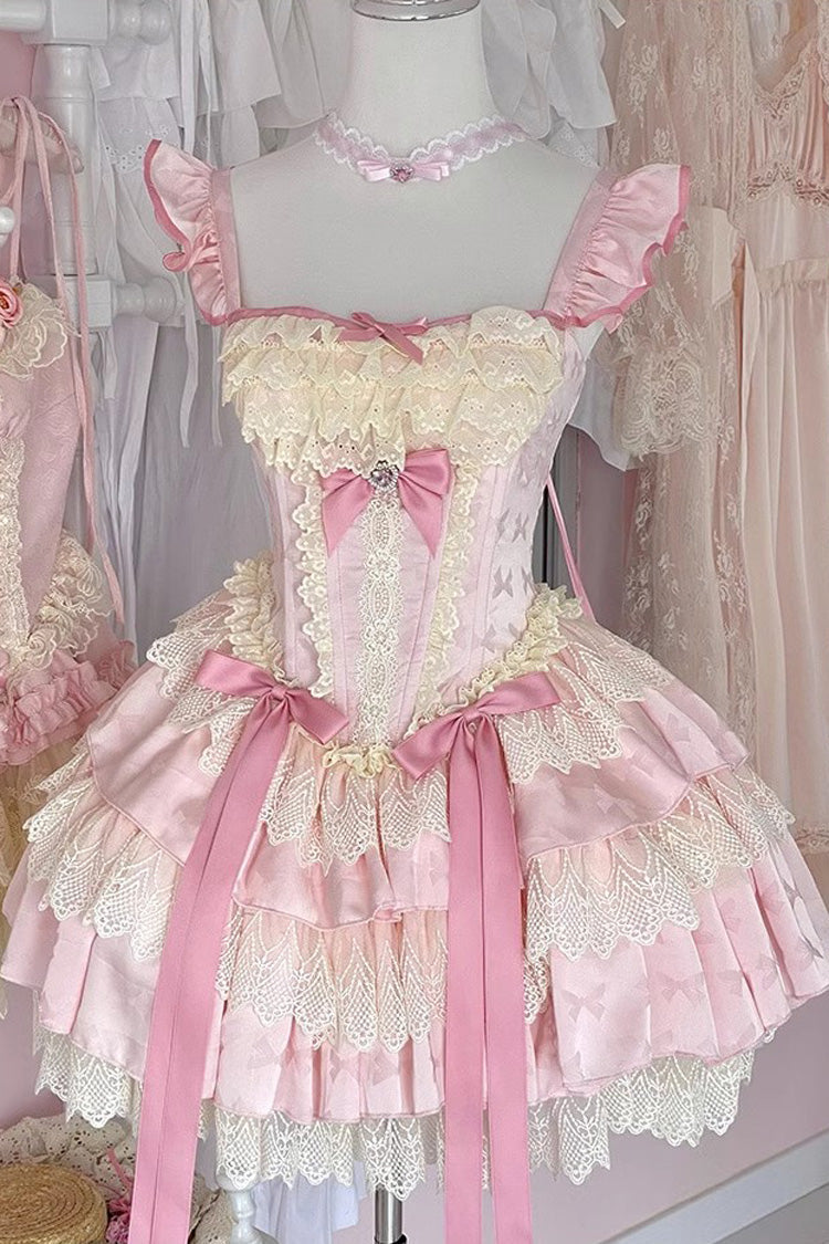 Pink Candy Multi-Layer Ruffle Bow Ballet Lolita Dress - Strawberry Candy