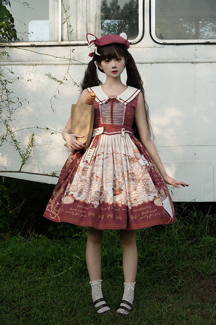 Wine Red Fox Print Square Collar Bowknot Classic Lolita Jumper