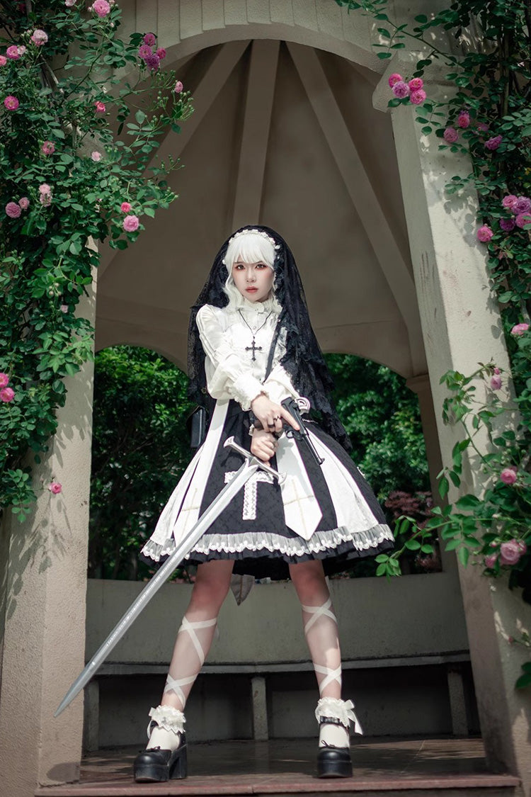 Black Gothic Lolita Dress with Cross Print and Ruffled Sleeveless