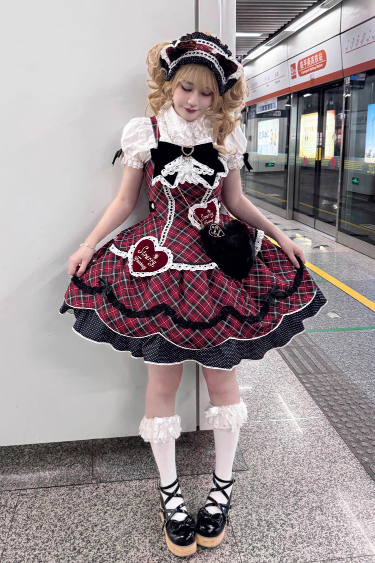 Crimson Shibuya Sweetheart Tartan Print Sleeveless Frill Bow Sweet Lolita JSK Plus Size