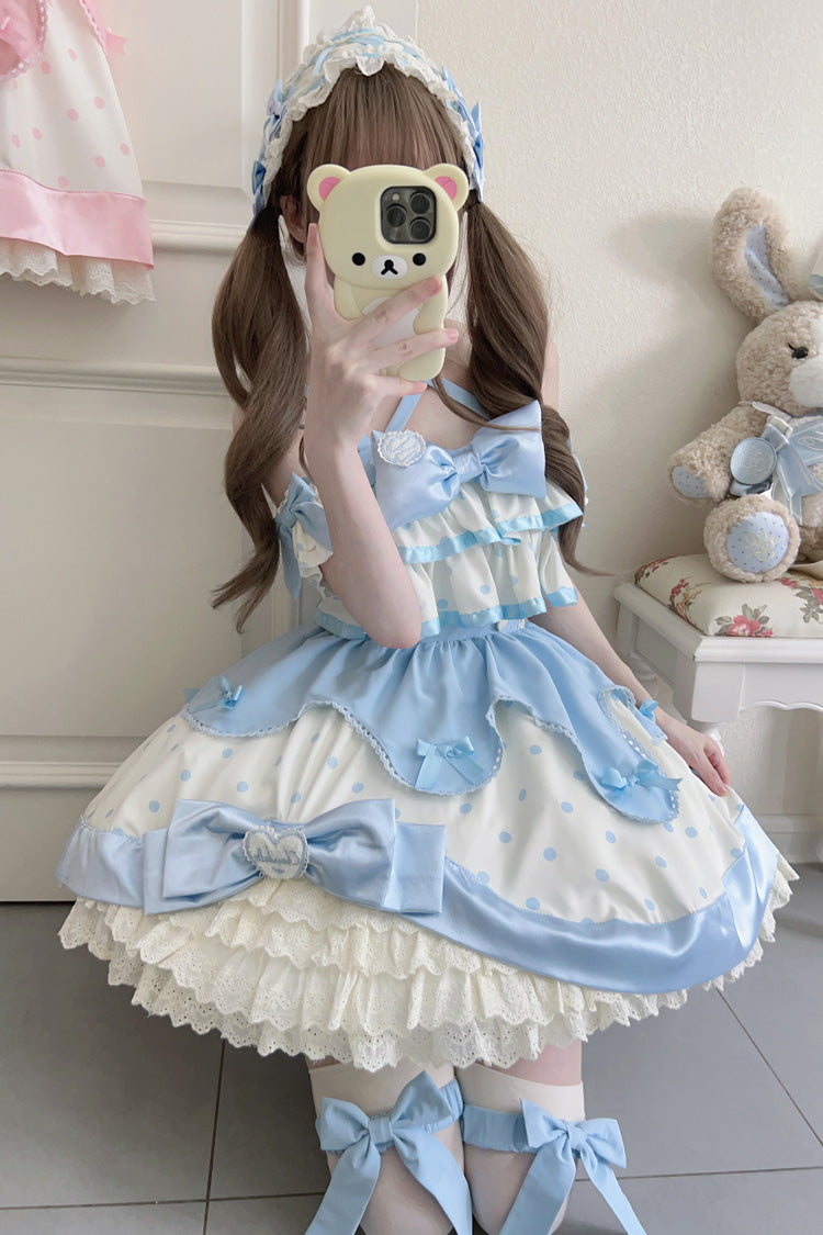 Blue Cream Polka Dot Ruffled Bowknot Sweet Lolita Jumper Dress