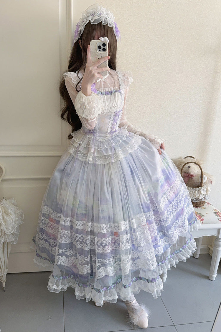 Light Purple Mist-shrouded Vineyard Sleeveless Ruffle Lace-Up Jsk Dress