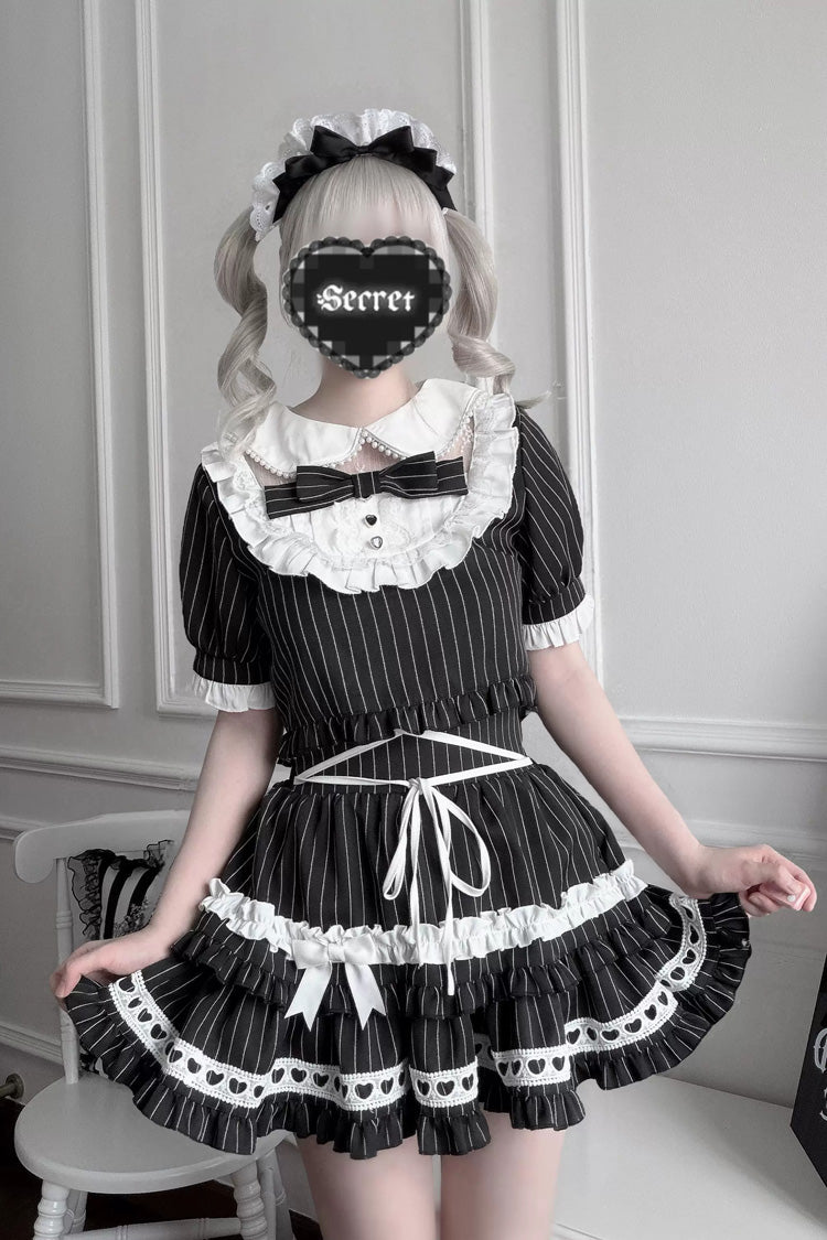 Japanese Skirt Set with Striped Print and Doll Collar