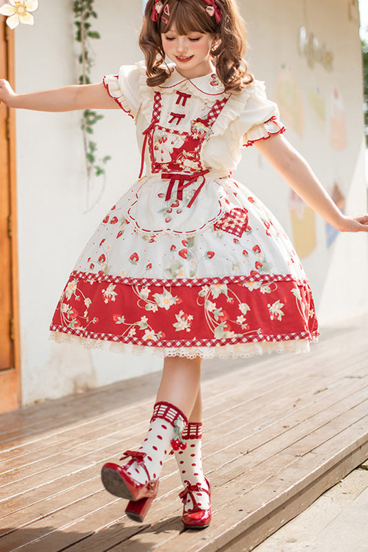 Red Strawberry Orchard Print Ruffled Sweet Lolita Strap Dress