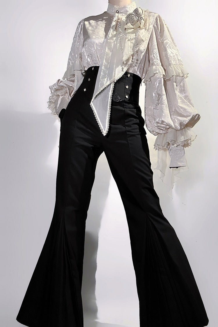 Noir Stand Collar Long Puff Sleeve Ruffled Embroidered Bow Prince Set - The Rose and the Sword