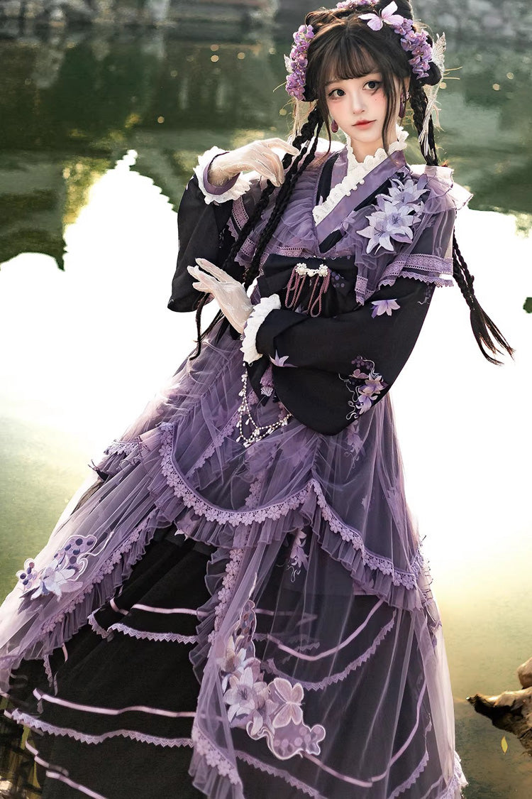 Stand Collar Long Sleeves Ruffled Embroidered Bow Classic Chinese Elegant Lolita Dress Set