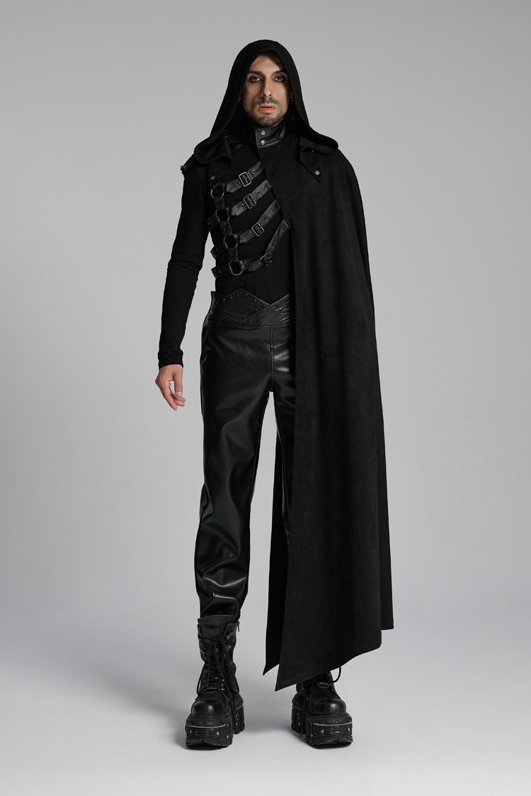 Men's Punk Cloak with Hooded Buckle-up Rivets Design