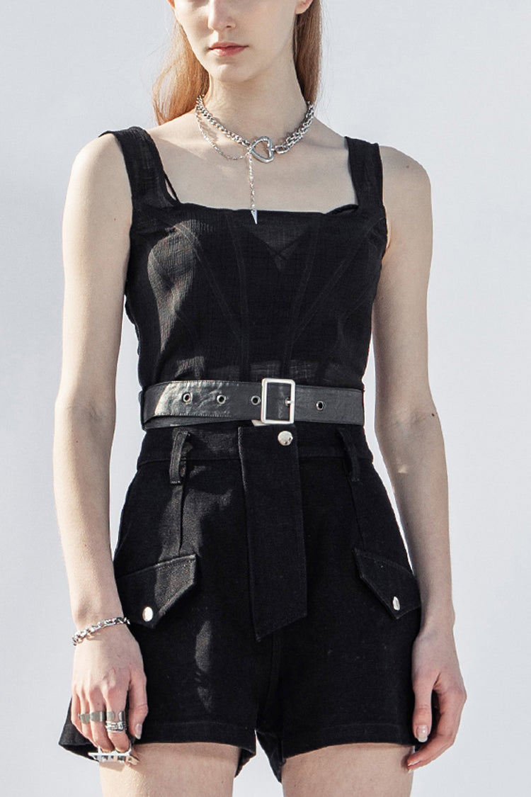 Noir Punk Waistcoat with Buckle Accents and Square Collar