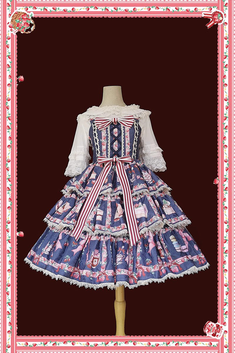 Strawberry Afternoon Tea Themed Sweet Lolita Tiered Dress with Ice Cream Print