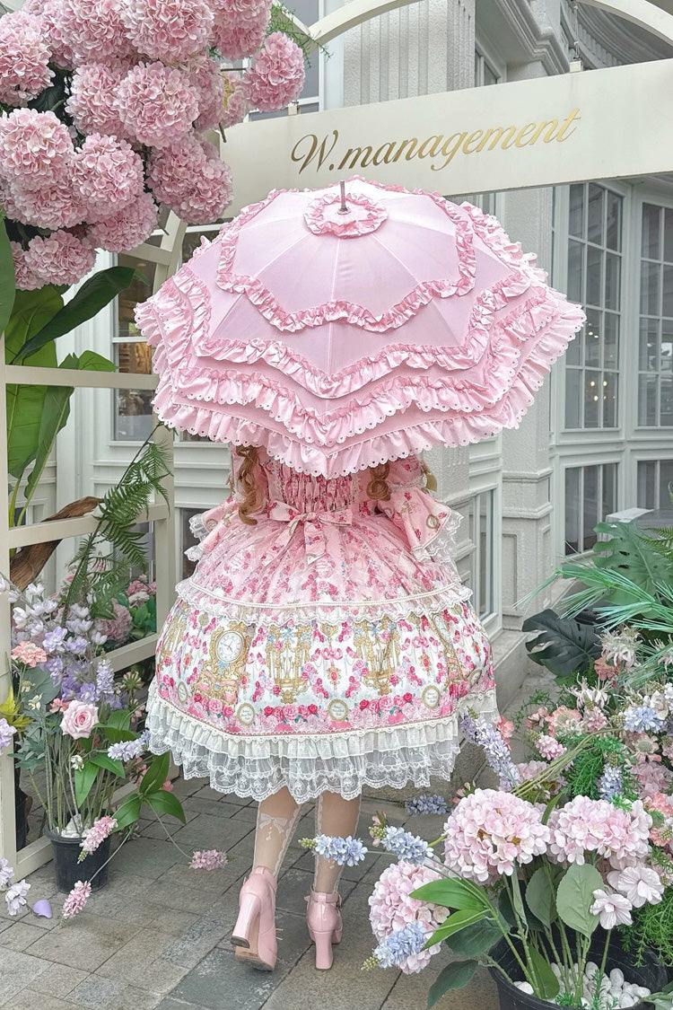 Pink [Rose Garden Prelude] Square Collar Long Trumpet Sleeves Printed Ruffled Bow Lace Lace-Up Sweet Lolita Dress