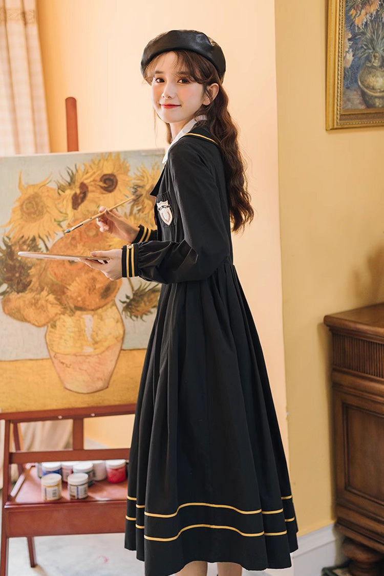 Black Embroidery Dress with Long Sleeves - College Style