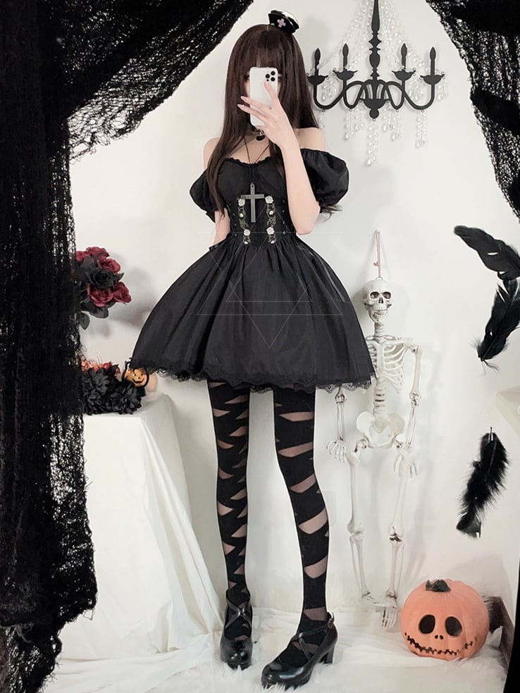 Halloween Dark Black Puff Sleeves Dress Costume