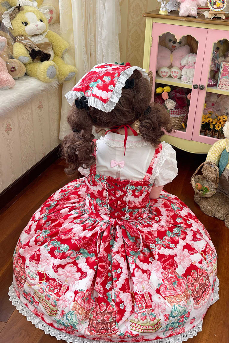 Crimson Strawberry Cocoa Jam Print Sleeveless Frill Bow Lace Sweet Lolita Jumper Dress