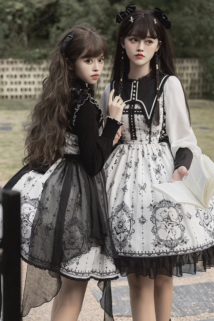Monochrome Lace Butterfly Print Gothic Lolita One-Piece Dress