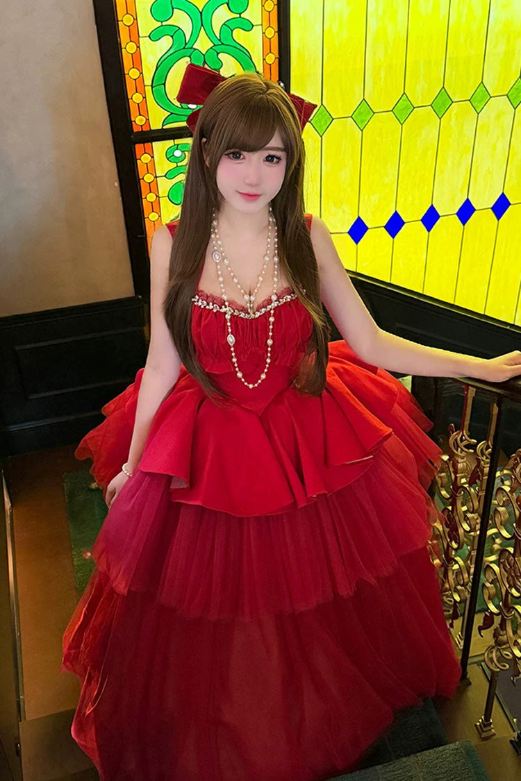 Crimson Romantic Rose Square Neck Sleeveless Ruffled Classic Ballet Lolita Gown