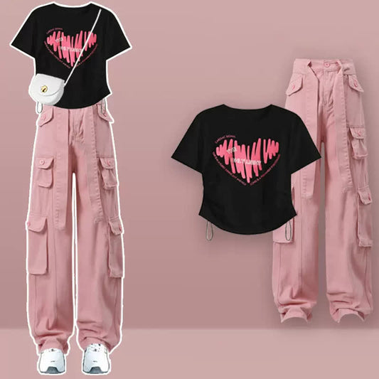 Pink Love Heart Print Crop Top T-Shirt Pink Cargo Pants