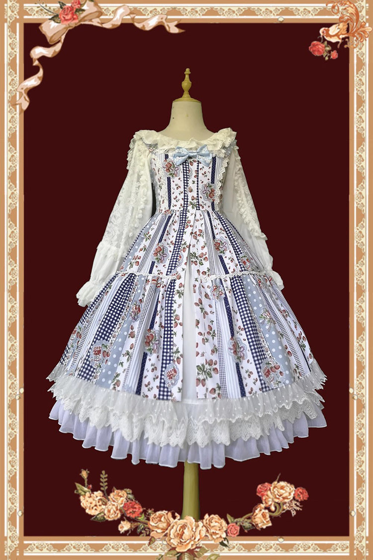 Light Blue Sweet Lolita Dress with Strawberry Plaid Print and Bowknot